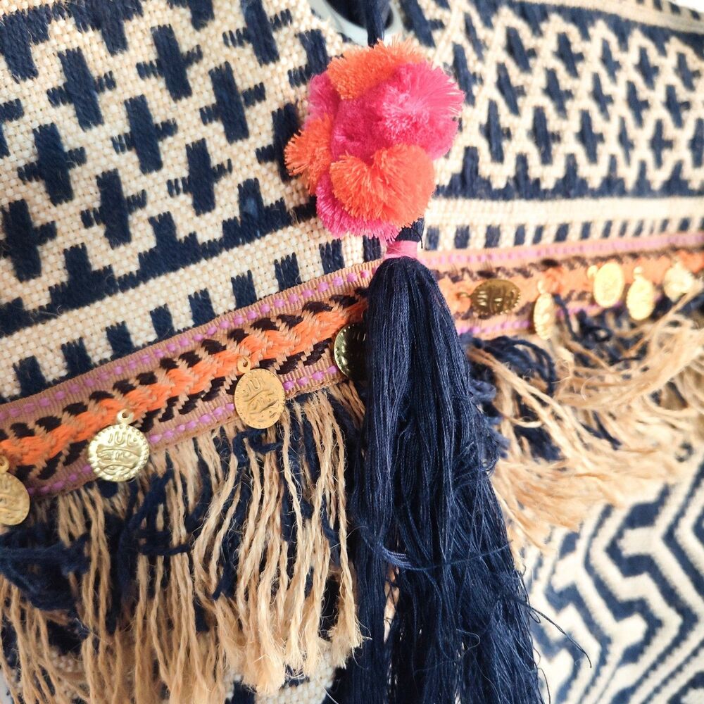 C&C California Bag Tote Woven Jute Boho Shoulder Fringe Navy Cream Coins Hippie - Picture 5 of 11